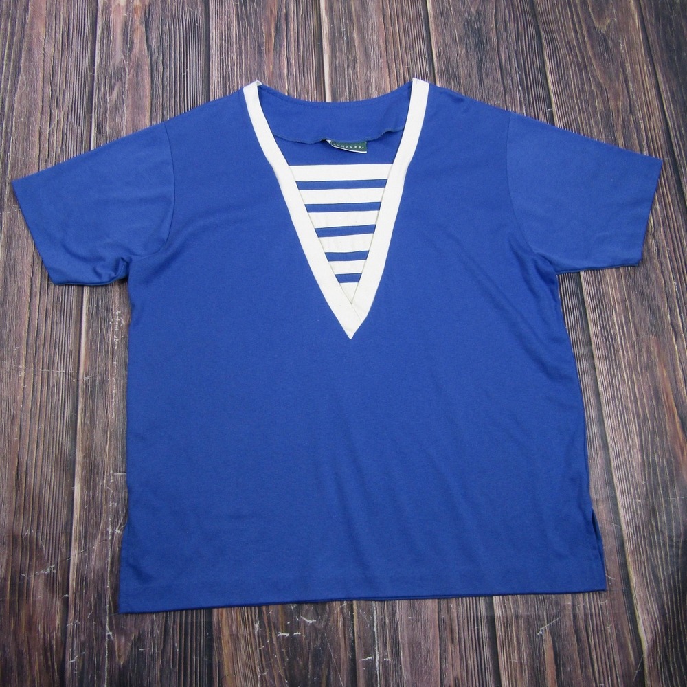 Haymaker Womens Medium Blue Striped V Neck Short Sleeve T Shirt Top Casual